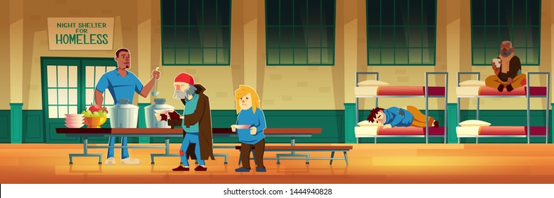Night Shelter For Homeless, Emergency Housing, Temporary Residence For People, Bums And Beggars Without Home. Poor Men And Woman Lying On Bed, Eating And Drinking Warm Food Cartoon Vector Illustration