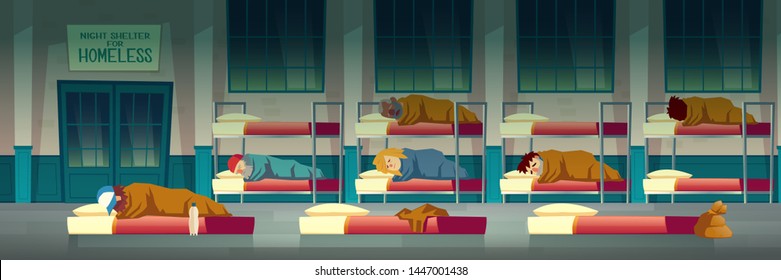 Night shelter for homeless people cartoon vector concept with poor beggar lying on mattress on floor, men and women sleeping on bunk beds in emergency housing center, temporary residence illustration