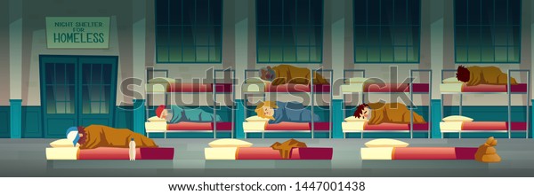 Night shelter for homeless people cartoon\
vector concept with poor beggar lying on mattress on floor, men and\
women sleeping on bunk beds in emergency housing center, temporary\
residence illustration