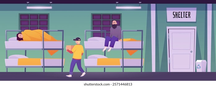 Night shelter for homeless people. Woman sleeping on bunk bed in emergency housing center. Volunteer help refugees, humanitarian support in temporary residence, immigrant camp flat vector illustration