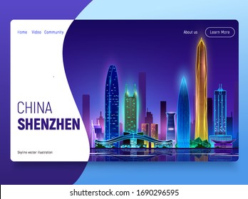 Night Shenzhen skyline. China Vector illustration. Landing page template.