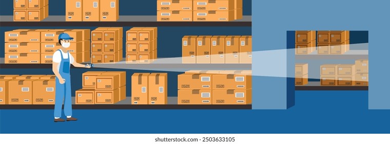 Night shift at warehouse. Warehouse activity. Logistics distribution service. Warehouse storage. Warehouse worker last checking storehouse. Night shift work.