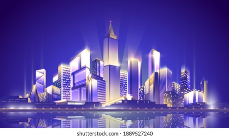 Night shining metropolis on clean sky background with reflection in the water surface.