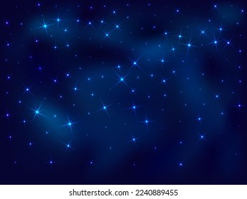 Night shining sky star dust vector background. Telescope dusk view. Outer space constellation starlight glow. Astronomy starlit background. Mysterious night glowing sky.