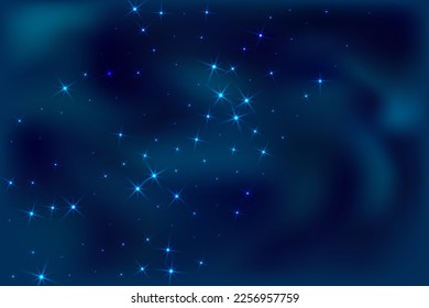 Night shining sky star dust vector background. Galaxy starry universe. Dark blue space constellation starlight. Astrology shining stars background. Mysterious night glowing sky.