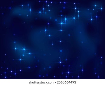 Night shining sky star space vector illustration. Cosmos starry universe. Dark blue space constellation starlight. Astronomy shining stars background. Mysterious night glowing sky.