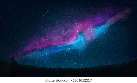 Night shining starry sky. Dark blue space background with stars, pink violet blue nebula, milky way, meteor. Starlight night in nature, cosmos. Meadow, field. Vector illustration