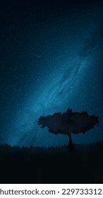 Night shining starry sky, lonely tree in the meadow. Dark blue space background with stars, galaxy, milky way, nebula, meteor. Starlight night in nature, cosmos. Vector illustration, wallpaper