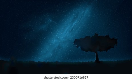 Night shining starry sky, lonely tree in the meadow. Dark blue space background with stars, nebula, meteor. Starlight night in nature, cosmos. Vector illustration