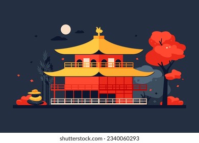 Night shinto shrine - modern colored vector illustration with japanese wooden temple buildings and pink cherry blossom trees. The moon and stars are shining, spring has come. Oriental aesthetics idea