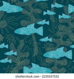 The Night Shoal, a vector dark cyan seamless pattern. Turquoise schools of fish swimming through the nightly ocean among small and larger algae. Part of Living Under Water collection by Tamara Rapp.