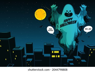 night shots of flying ghost spirit in town, happy Halloween, Scary white ghosts, cute cartoon spooky character design for illustration, banner, template background or website.
