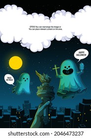 night shots of flying ghost spirit in town, happy Halloween, Scary white ghosts, cute cartoon spooky character design for illustration, banner, template background or website.