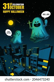 night shots of flying ghost spirit in town, happy Halloween, Scary white ghosts, cute cartoon spooky character design for illustration, banner, template background or website.