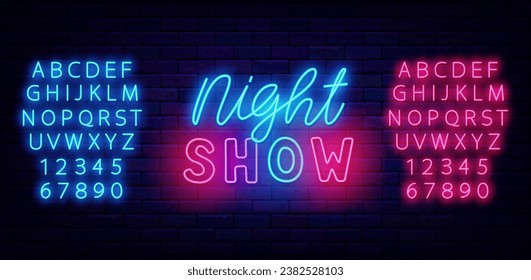 Night show neon label with lettering. Party signboard. Performance r emblem. Event label. Shiny text. Light blue and pink alphabet. Holiday design. Editable stroke. Vector stock illustration