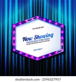 Night show realistic background with spotlights gold frame with glowing lamps and curtains on background vector illustration