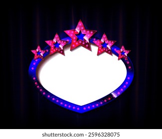 Night show realistic background with spotlights gold frame with glowing lamps and curtains on background vector illustration