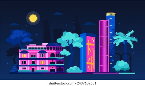 Night sights of Tel Aviv - modern colored vector illustration with Pagoda House and Azrieli Center Mall. Israel architecture, three skyscrapers in the city center, sights of the Mediterranean idea