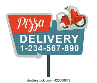 Night sign with an arrow. Billboard in retro style with lights.  Delivery pizza on red moped. Isolated vector flat illustration on white background. For banner, poster, presentation.