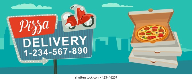 Night sign with an arrow. Billboard in retro style with lights.  Delivery pizza on red moped. Isolated vector flat illustration on city background. For banner, poster, presentation.