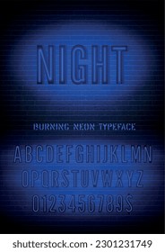 Night sign and blue neon narrow bold font with numbers on vector dark brick wall background. Deep night light alphabet extra glow effect