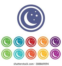 Night signs set, on colored circles, isolated on white
