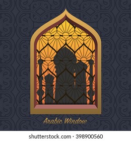 Night silhouette arabic mosque in the window, traditional architecture style