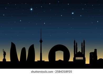 Night silhouette of Baku (Azerbaijan) against the starry sky. Vector art illustration