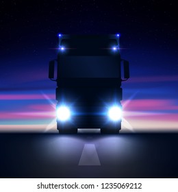 Night silhouette big semi truck with bright headlights and semi riding in the dark on the night road on colorful starry sky background front view, vector illustration