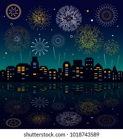 Night silhouette of the city with firework and reflection in the river. flat vector illustration