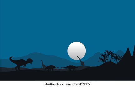 At night silhouette of dinosaur with moon