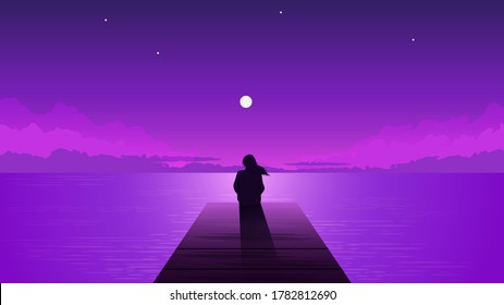 Night silhouette lonely girl with rising moon. Alone dreamy woman looking at purple sky with moon among clouds on sea pier illustration vector person loneliness pensive depression.