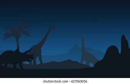 At night silhouette of Triceratops and Brachiosaurus with blue backgrounds