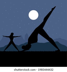 night silhouette women practicing yoga