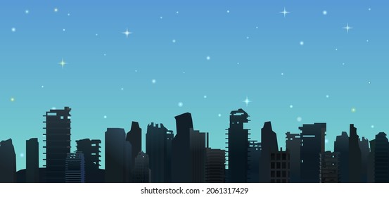 Siluetas nocturnas de la ciudad en ruinas. Escena apocalíptica. Muerte arbitraria de la civilización en guerra o desastre ambiental. Estilo plano. Vector.