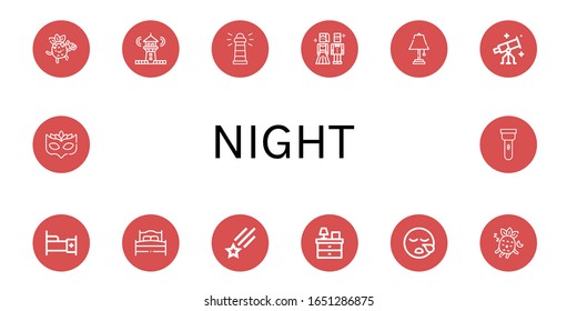night simple icons set. Contains such icons as Drunk, Lighthouse, Prom night, Table lamp, Stargazing, Bed, Shooting star, Bedside table, Sleeping, can be used for web, mobile and logo
