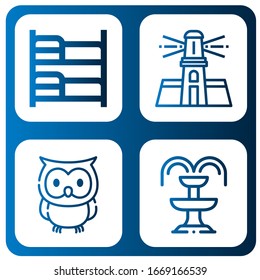 night simple icons set. Contains such icons as Bunk bed, Lighthouse, Owl, Fountain, can be used for web, mobile and logo