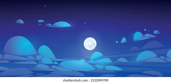 Night sky above clouds with full moon and stars on blue background. Vector cartoon illustration of fluffy cloudy panorama in moonlight. Peaceful atmosphere landscape at midnight