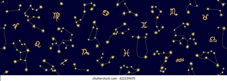 Night sky. Abstract seamless vector pattern with constellations and zodiac signs. 1950s-1960s motifs. Retro textile collection. Golden on dark.