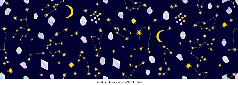 Night sky. Abstract seamless vector pattern with constellations and diamonds. Retro textile collection. Golden on dark.
