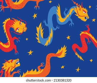 Night sky and asian dragons. Vector seamless pattern in japanese, chinese style. Festive blue background for textile, fashion, scrapbooking etc.