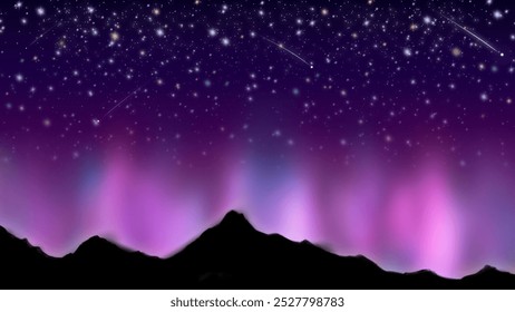 “Beautiful night sky with aurora borealis and mountain silhouette, featuring a mesmerizing starry background with shooting stars. Ideal for nature, night, or landscape-themed designs.”