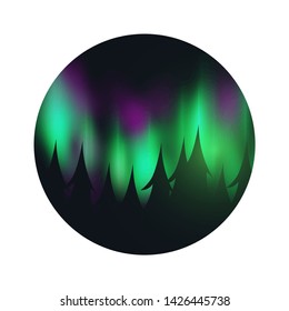 Night Sky, Aurora Borealis, Northern Lights Effect on dark background behind the forest. Realistic Colored polar lights