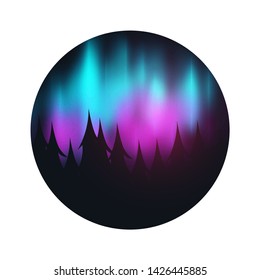 Night Sky, Aurora Borealis, Northern Lights Effect on dark background behind the forest. Realistic Colored polar lights