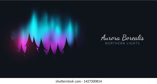 Night Sky, Aurora Borealis, Northern Lights Effect on dark background behind the forest. Realistic Colored polar lights