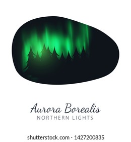 Night Sky, Aurora Borealis, Northern Lights Effect on dark background behind the forest. Realistic Colored polar lights