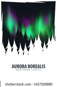 Night Sky, Aurora Borealis, Northern Lights Effect on dark background behind the forest. Realistic Colored polar lights