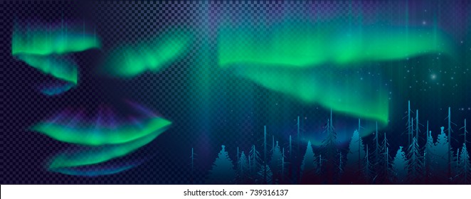 Night Sky, Aurora Borealis, Northern Lights Effect, Realistic Colored polar lights. Vector Illustration, abstract space design for aurora borealis, isolated on transparent background.