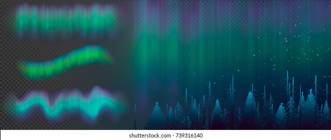 Night Sky, Aurora Borealis, Northern Lights Effect, Realistic Colored polar lights. Vector Illustration, abstract space design for aurora borealis, isolated on transparent background.