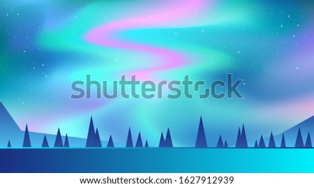 Night Sky, Aurora Borealis, Northern Lights Effect, Realistic Colored polar lights. Vector Illustration, abstract space design for aurora borealis.  
The background blue, green, pink and purple